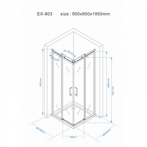 EX803S tuš paravan 90x90x195/8mm Dim Stakalo Klizna Šipka